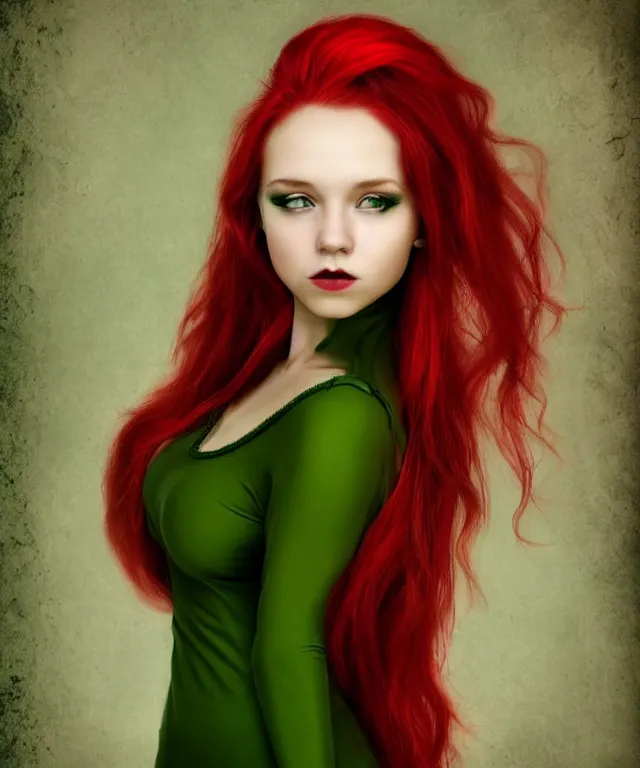 Prompt: Fae teenage girl, portrait, face, long red hair, green highlights, fantasy, intricate, elegant