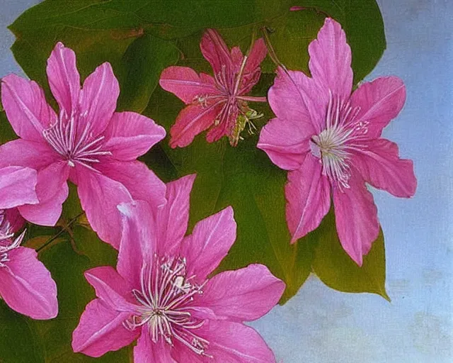 Prompt: pink dripping clematis, beautiful oil painting by ambrosius bosschaert