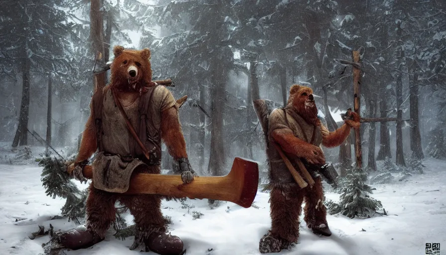 Prompt: lumberjack with his axe against a zombie bear in a snowy forest, hyperdetailed, artstation, cgsociety, 8 k