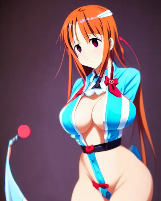 Prompt: pinup photo of asuna from sao in the center of the city, asuna by a - 1 pictures, by stephen bliss, glossy skin, pearlescent, anime, very coherent, maxim magazine