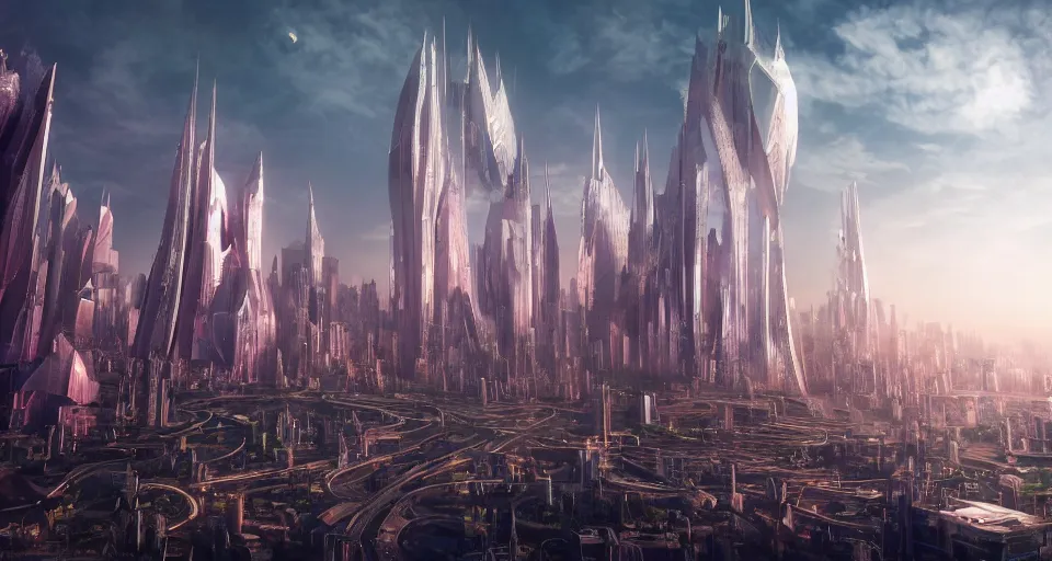 Image similar to view on futuristic city in the horizon, in style of fairycore, detailed, sharp, 8 k