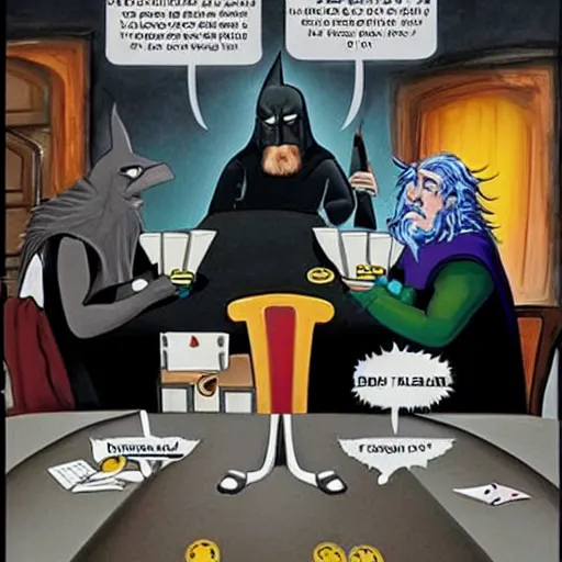 Prompt: Batman playing poker with Gandalf the Grey