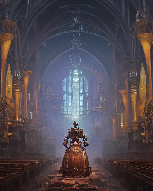 Prompt: highly detailed surreal vfx portrait of a steampunk robot in a steampunk cathedral, stephen bliss, unreal engine, greg rutkowski, loish, rhads, beeple, makoto shinkai and lois van baarle, ilya kuvshinov, rossdraws, tom bagshaw, alphonse mucha, global illumination, detailed and intricate environment