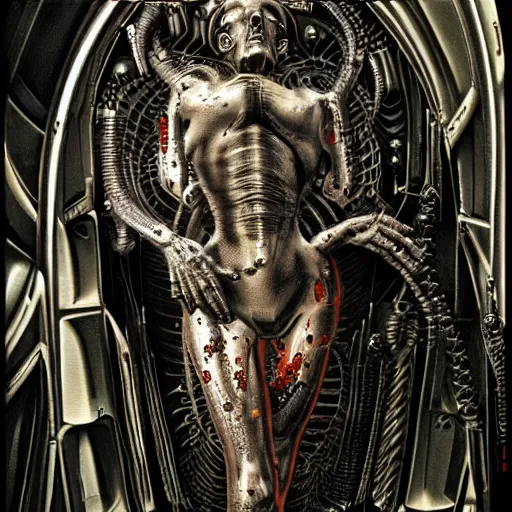 Prompt: the blasphemous caricature of the human body, cyborg, hyperealistic detailed photography, divinity, awful, religious art, cyberpunk, by h. r. giger