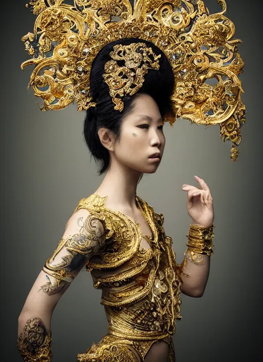 Image similar to a portrait of pan - asian female by stefan geselle and nekro borja, photorealistic, intricate details, hyper realistic, fantasy, elegant, baroque gold headpiece, photorealistic, canon r 3, photography, wide shot, symmetrical features, symmetrical pose, wide angle shot, head to toe, standing pose, feet on the ground, wearable art