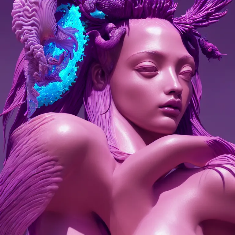 Image similar to goddess full painted acryllic sculpture close-up portrait. orchid bird phoenix jellyfish betta fish, intricate artwork by Tooth Wu and wlop and beeple. octane render, trending on artstation, greg rutkowski very coherent symmetrical artwork. cinematic, hyper realism, high detail, octane render, 8k