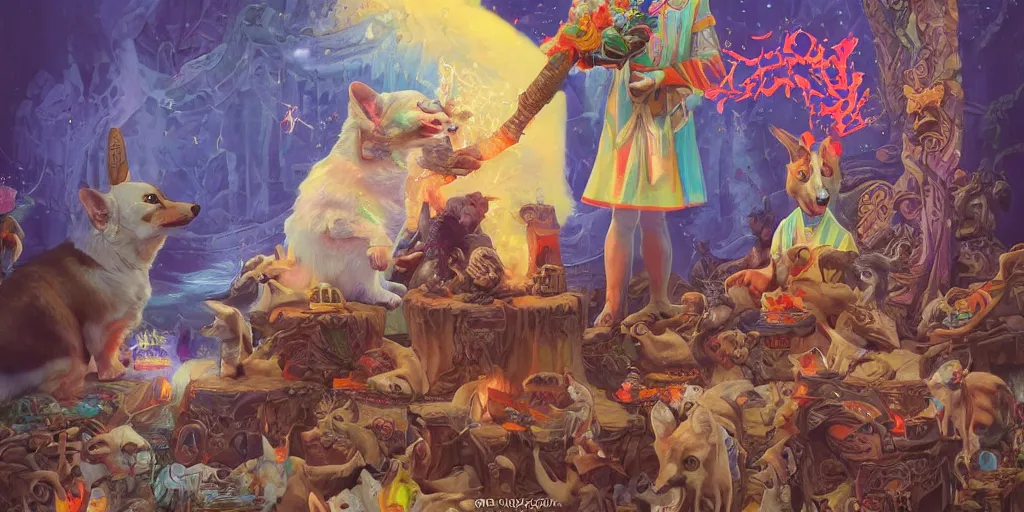 Prompt: beautiful painting of fantasy corgi cult leader doing sacrificial ceremony, by Tristan Eaton, James Gurney, greg rutkowski. trending on Artstation, 8k, masterpiece, graffiti paint, fine detail, full of color, intricate detail, golden ratio illustration, corgi