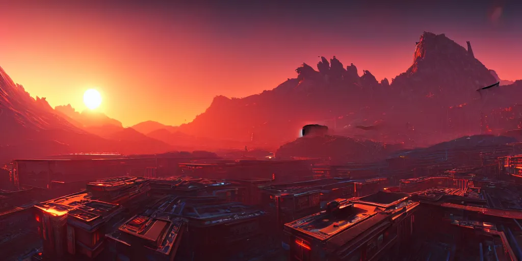 Image similar to beautiful sunset over detailed cyberpunk suburb in a valley surrounded by epic mountains with snowtops, sharp, highly detailed, hyperrealistic, kacper niepokolczycki, syd mead, 4 k, perfect geometry