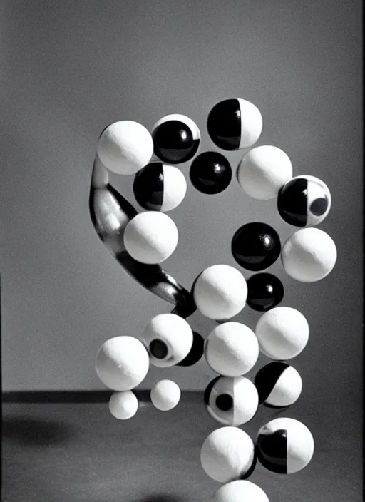 Image similar to realistic object photo of ping pong balls sculpture with molecule made of eyeballs, black cloud made of caviar, readymade, dadaism, fluxus, man ray 1 9 9 0, life magazine photo