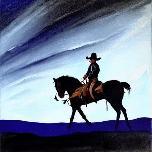 Prompt: a painting of a cowboy riding a horse into the dark horizon, high contrast, black and blue color scheme, dark, creepy, night