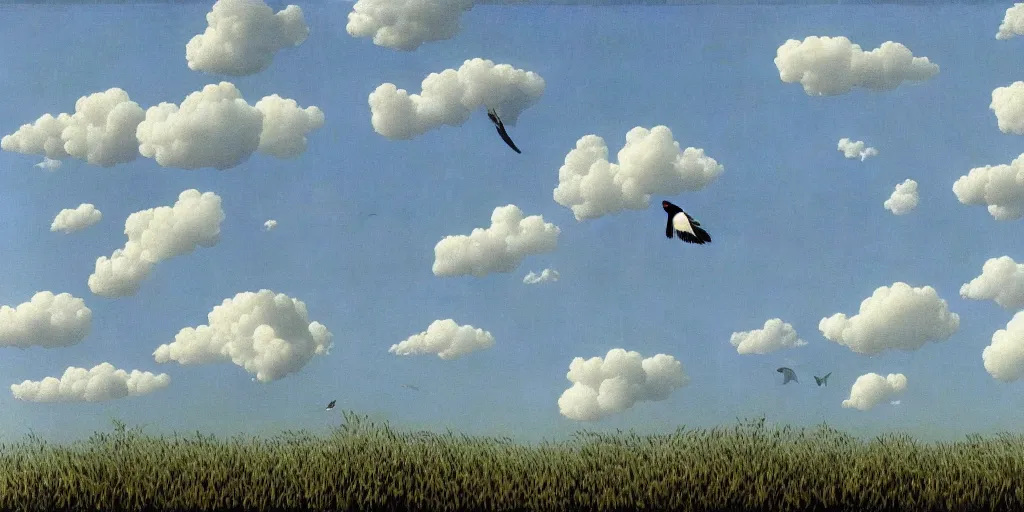 Prompt: in the blue sky, birds are lying throuch the clouds, # rene francois ghislain magritte