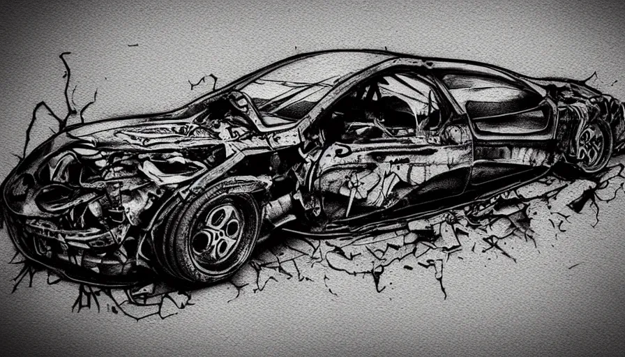 Image similar to crashed car, tattoo art design-H 600