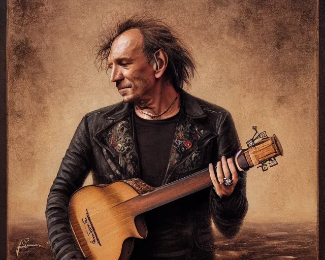 Prompt: 5 5 mm portrait photo of vasco rossi playing the lute. magical atmosphere. art by greg rutkowski. highly detailed 8 k. intricate. lifelike. soft light. nikon d 8 5 0.