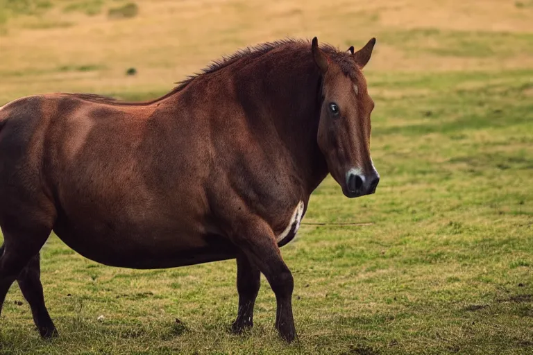 Image similar to a horse bull!!! hybrid! hyper realistic!! realistic lighting!! wildlife photographer of the year!!! bold natural colors, national geographic, hd, wide angle, 8 k