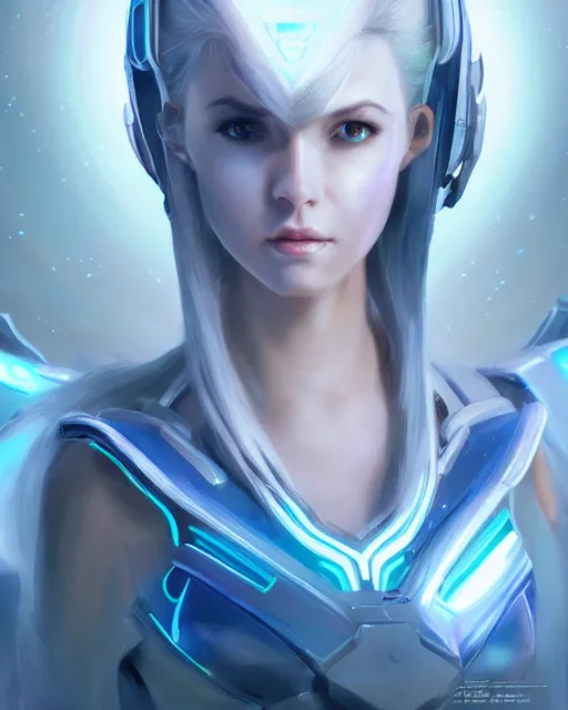 Image similar to perfect android girl on a mothership, warframe armor, beautiful face, scifi, futuristic, galaxy, nebula, raytracing, dreamy, long white hair, blue cyborg eyes, sharp focus, cinematic lighting, highly detailed, artstation, divine, by gauthier leblanc, kazuya takahashi, huifeng huang