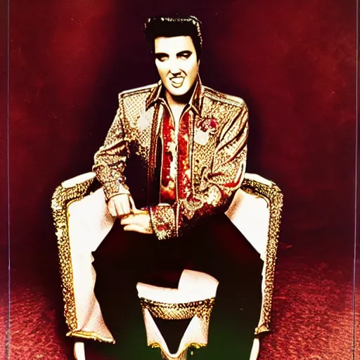 Image similar to elvis as king of the world, sitting on his throne in his castle