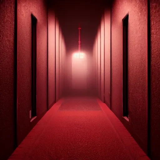 Image similar to photograph of an extremely dark narrow hallway with glowing humanoid cryptid made out of television static, dark deep black shadows, red and black color contrast in the style of trevor henderson, liminal space, 3 d octane render, glitch effect