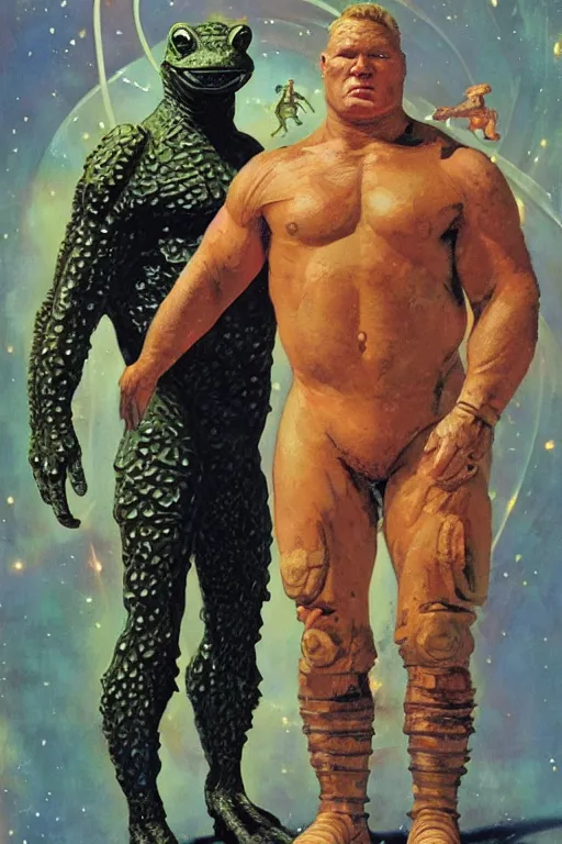 Image similar to full body portrait of brock lesnar as amphibian demon standing beside elegant space woman in latex spacesuit, by norman rockwell, jack kirby, jon berkey, earle bergey, craig mullins, ruan jia, jeremy mann, tom lovell, marvel, astounding stories, 5 0 s pulp illustration, scifi, fantasy, artstation creature concept