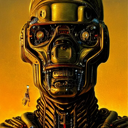 Image similar to cyberpunk cenobite, atmospheric lighting, painted, intricate, golden hour, ultra detailed by peter gric, giger, enki bilal