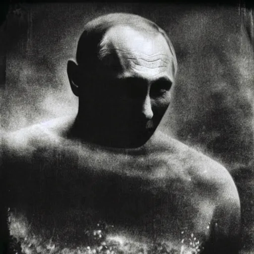 Image similar to vladimir putin scared leaking skin radiation, polaroid black and white picture, night, glowing eyes, creepypasta, in forest beautiful hydrogen bomb explosion in back 1 9 th century, scary horrifying satanic ritual,