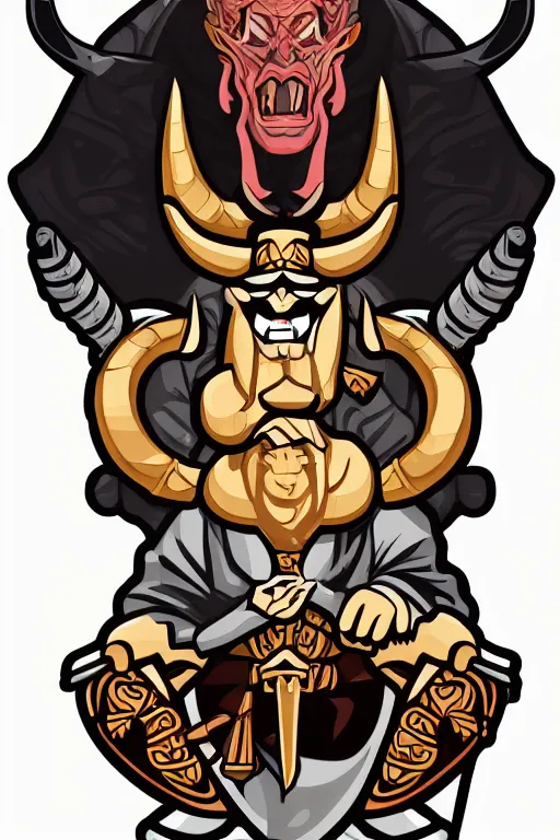 Prompt: A portrait of a bull as evil warlord general on skull throne, sticker, Anthropomorphized, portrait, highly detailed, colorful, illustration, smooth and clean vector curves, no jagged lines, vector art, smooth