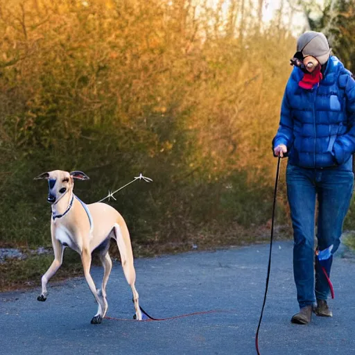 Image similar to greyhound taking a human for a walk, the human is the one on the leash