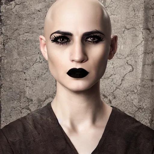 Image similar to a portrait of a bald goth female, dark eyes, dark hair, olive skin, depth of field, zeiss lens, detailed, centered, artstation, fashion photoshoot, by Annie Leibovitz and Steve McCurry, David Lazar, Jimmy Nelsson, Breathtaking, 8k resolution, extremely detailed, beautiful, establishing shot, artistic, hyperrealistic, beautiful face, octane render