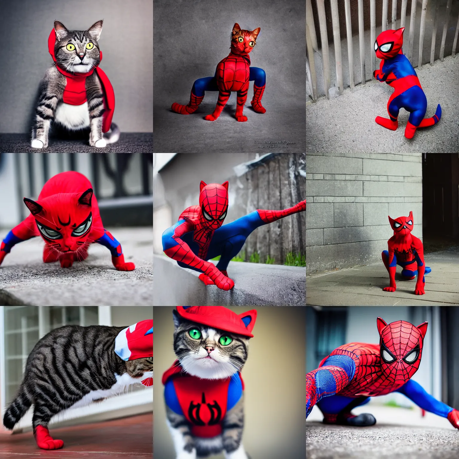 Prompt: a cat dressed as spiderman, professional photography