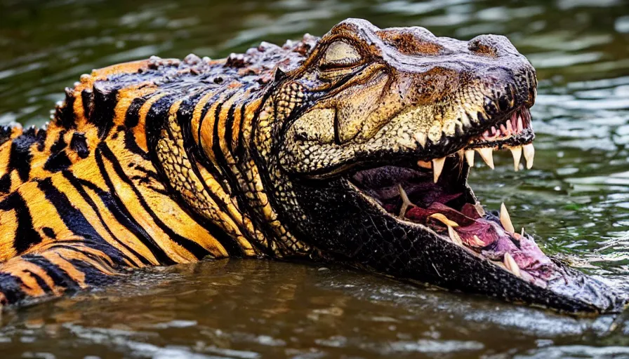 Image similar to an alligator tiger!!! hybrid! hyper realistic!! realistic lighting!! wildlife photographer of the year!!! bold natural colors, national geographic, hd, wide angle, 8 k