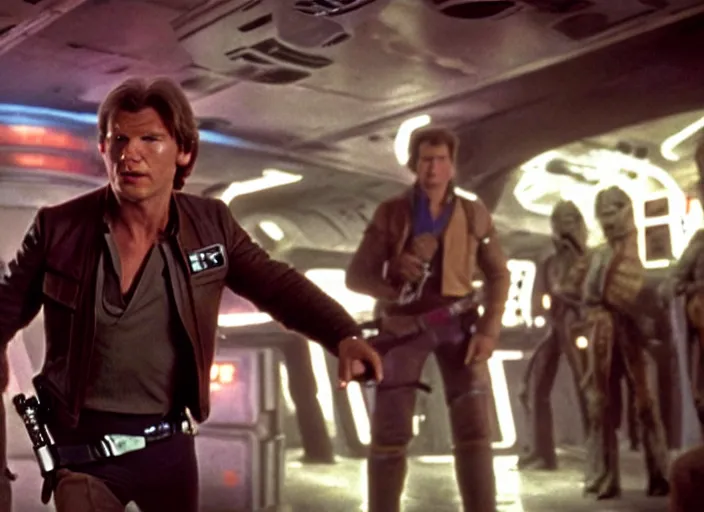 Image similar to screenshot of Han Solo, played by Harrison Ford, surrounded by Greedo Rodian alians outside a neon lit bar, from the 1970s Star Warsspy thriller film directed by Stanley Kubrick, in a sci-fi shipping port, last jedi, 4k HD, cinematic lighting, beautiful portraits, moody, stunning cinematography, anamorphic lenses, kodak color film stock