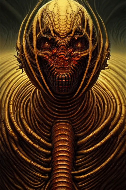 Prompt: majestic god centipede hybrid portrait, doom, sf, intricate artwork masterpiece, ominous, matte painting, golden ratio, trending on cgsociety, intricate, epic, trending on artstation, by artgerm, h. r. giger and daarken and beksinski, highly detailed, vibrant, production cinematic character render, ultra high quality model