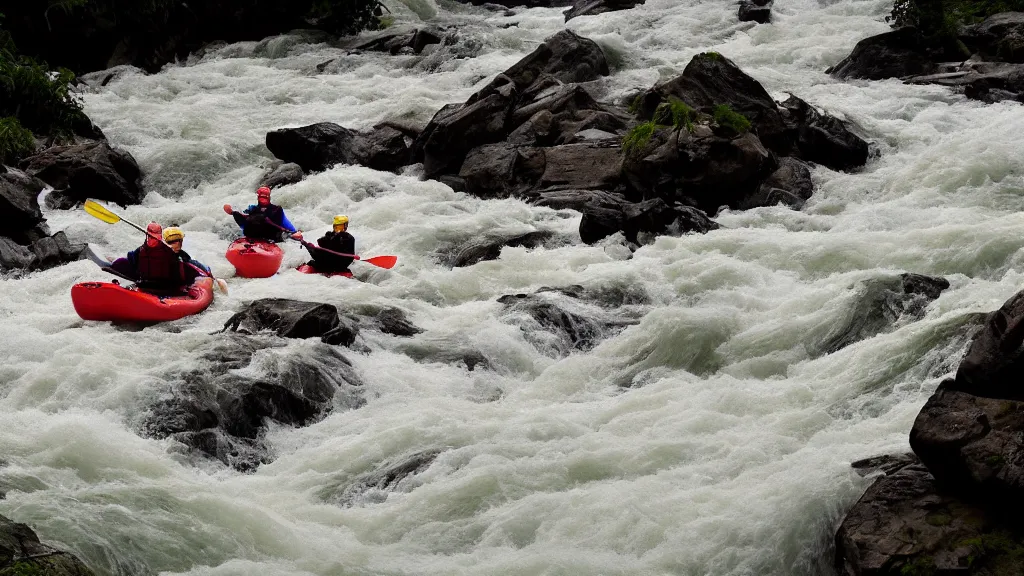 Prompt: a huge river with raging white water, mountains in the background, two kayakers navigating the rapids, epic lighting