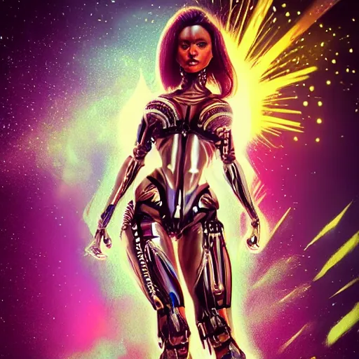 Prompt: full body portrait of the muscular Caribbean Android Queen, by DC comics and Sandra Chevrier and beeple, artstation, volumetric lighting and fog, hyperrealism, hyper detailed futuristic royalty, award winning costume design, cybernetic bionic ancient cyborg, fashion show runway, futuristic fine textures, woven with electricity, high fashion superpowers, floating dust particles, bokeh, mystic haze, 4k UHD, HDR