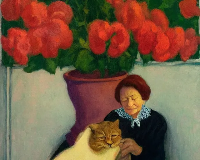 Image similar to detailed portrait of a peaceful old lady and her cat made out of flowers, Edward Hopper, sharp high quality