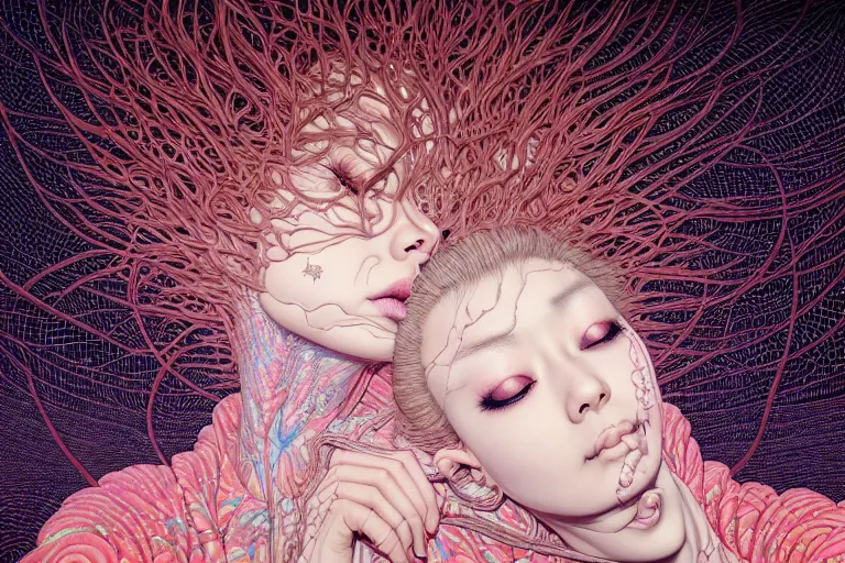 Image similar to realistic detailed image of a woman in a stray jacket laying in a padded room, conjuring psychedelic background, part by takato yamamoto, part by alex gray, ross tran, james jean, ultra realistic, octane render, highly detailed, very cohesive, 8 k, trending on artstation, cosmic, masterpiece