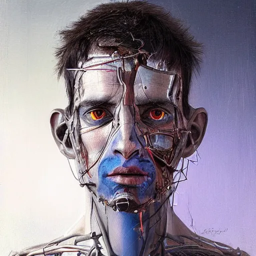 Image similar to surreal portrait of a man by Greg Rutkowski, symmetrical face, he is about 30 years old, short black hair with bangs, his features are a mix between French, Turkish and Russian, transformed into a kind of biomechanical transhuman god, blue glowing eyes, expression of epiphany and determination, cosmic void background, frightening, fascinating, highly detailed portrait, digital painting, book cover, artstation, concept art, smooth, sharp foccus ilustration, Artstation HQ