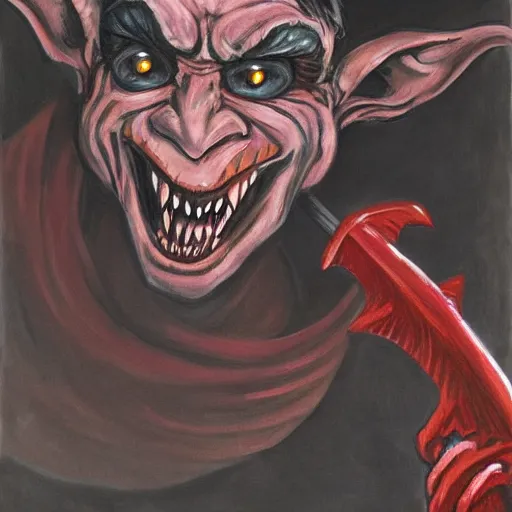 Image similar to painting of goblin with red eyes raging holding rusty sword