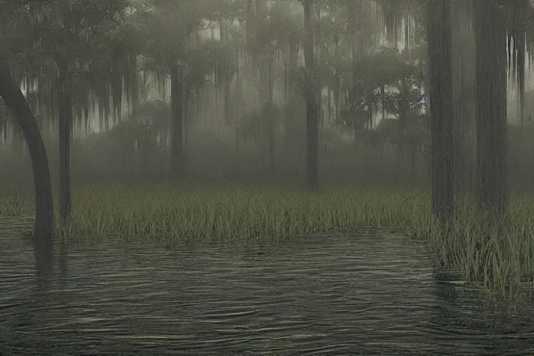 Image similar to scene from louisiana swamps,, neon cross, voodoo, 8 k, hyper detailed, artwork by tim eitel