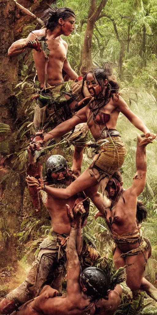 Prompt: editorial photo of battle in jungle, aztec and Amazonian climbing onto another and fight, epic, vintage, blood, slight inspiration of Boris vallejo and apocalypto, war photography