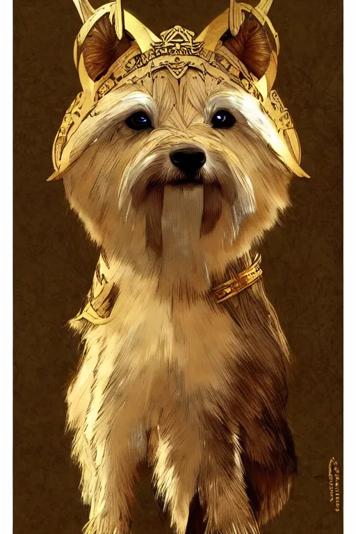 Prompt: norwich terrier as an Viking warrior, fantasy, intricate, elegant, highly detailed, digital painting, artstation, concept art, smooth, sharp focus, illustration, art by alphonse mucha