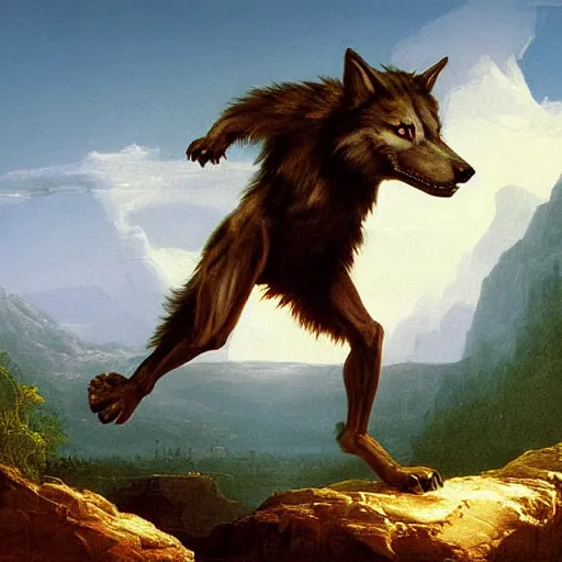 Prompt: a painting by Thomas Cole of a werewolf anthro wolf, alternative reality mirrors, highly detailed 3d rendering from 1996
