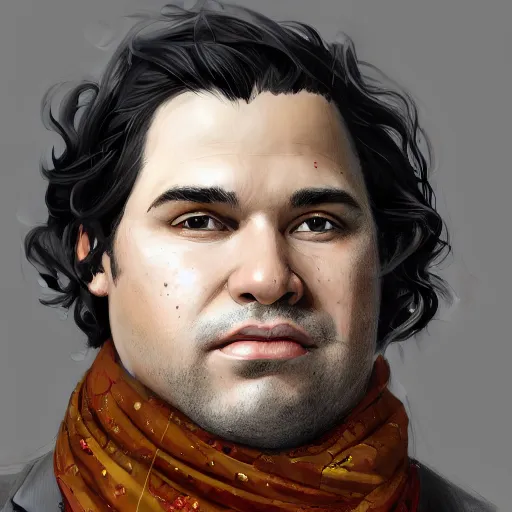 Image similar to a portrait of a short fat man with long curly black hair and a brown suit on with an American flag scarf, D&D, sci-fi, elegant, hopeful, muscular, highly detailed, digital painting, artstation, concept art, smooth, sharp focus, illustration