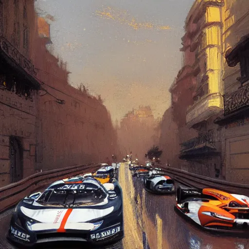 Prompt: a beautiful picture of a car race in the streets of monaco by greg rutkowski and theophile - alexandre steinlen trending on artstation