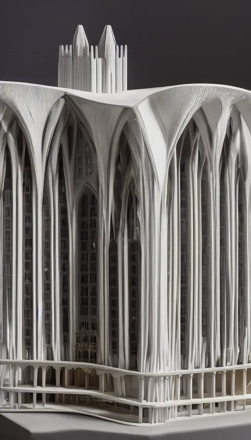 Image similar to a stunningly detailed architectural model of a hotel designed by Calatrava with delicate concrete arches that looks like a gothic cathedral on display in a museum. The interior looks like heaven, awe, wow, HO scale, highly detailed, product photography, well lit, 8k