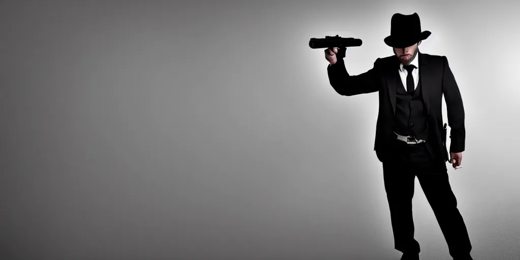 Image similar to serious looking man in a black suit and black fedora hat. he has a big silver gun, 4 k, atmospheric, epic scene, strong shadows, high contrast