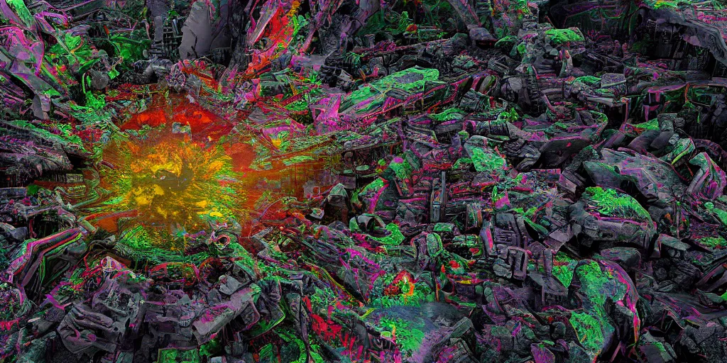 Image similar to ruination, outright devastation, landscape, intricate complexity, horror, rainbow drip paint, psychedelic glitch art, trending on art station, photoreal, 8k, octane render