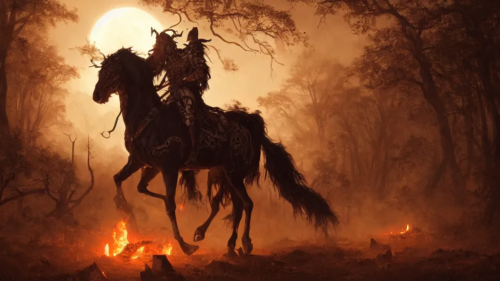 Image similar to a colonial rider!!!! with jack - o - lantern head on lone rampant!!! ( ( black horse ) ) with fiery eyes, background gnarled trees and large supermoon, in the styles of greg rutkowski, keith parkinson, and john quidor, intricate, detailed, volumetric lighting