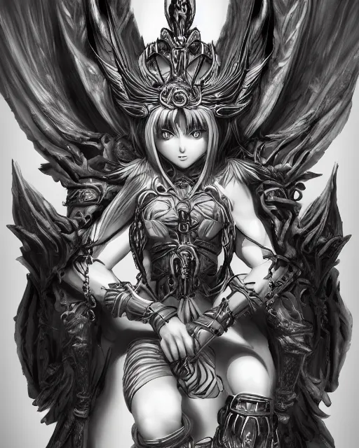 Prompt: A beautiful female demon posing on a chair, beautiful face, highly detailed face, close-up, fantasy art, female art, in the style of masami kurumada, illustration, epic, fantasy, intricate, hyper detailed, artstation, concept art, smooth, sharp focus, ray tracing