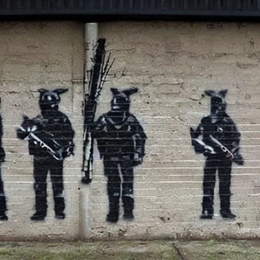 Image similar to photo of banksy graffiti depicting rabbits dressed as riot police