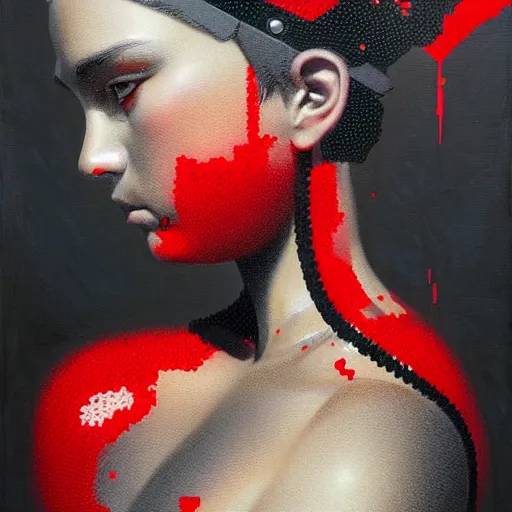 Prompt: Pointillisme potrait of a cyborg with black and red robotic parts, medium shot, asymmetrical, profile picture, Organic Painting, sunny day, Matte Painting, bold shapes, hard edges, street art, trending on artstation, by Huang Guangjian and Gil Elvgren and Sachin Teng